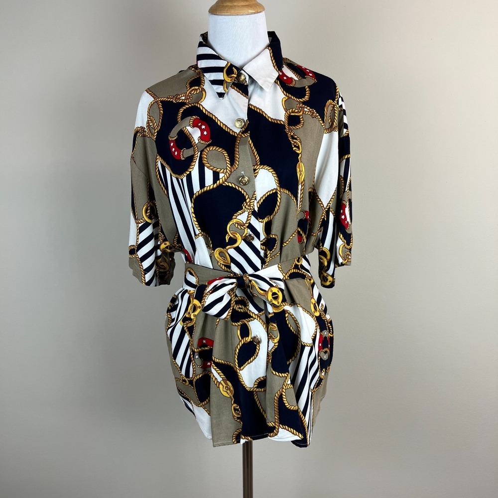 Kathie Lee Top Womens 14 Scarf Print Belted Button Up Rope Nautical 80s 90s Vtg